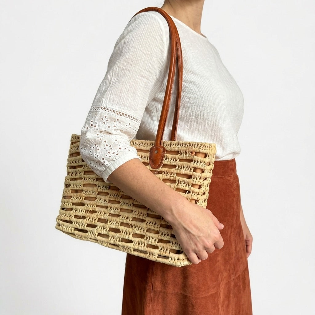 Woven Straw Tote Bag with Leather Handles Summer Beach Market Basket