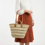 French Market Basket with Double Leather Handles - Woven Straw Tote