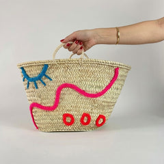 Embroidered Straw Beach Bag - Boho Abstract Market Tote