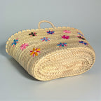 Floral Embroidered Straw Market Basket - Boho Woven Tote Bag