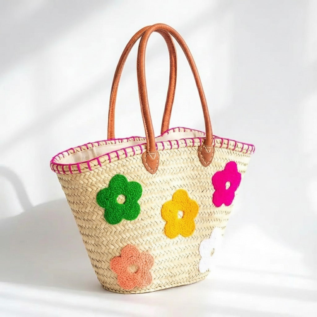 Floral Straw Tote Bag with Leather Handles - Woven Summer Market Basket