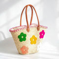 Floral Straw Tote Bag with Leather Handles - Woven Summer Market Basket