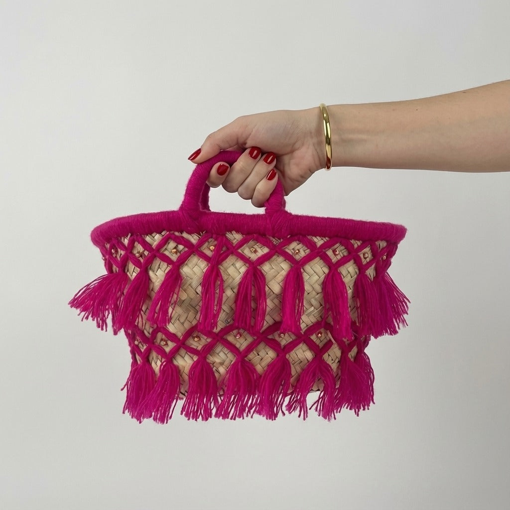 Woven Straw Tote Bag Macrame Fringe Boho Beach Basket