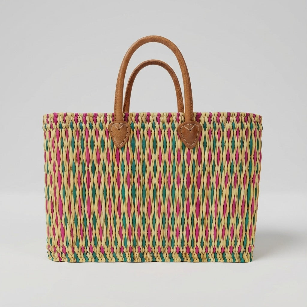 Handmade Reed Market Basket Tote with Leather Handles
