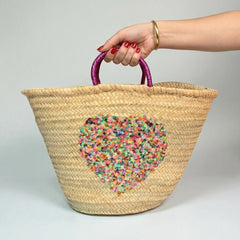Sequin Heart Straw Beach Tote | Glamorous Glitter Handle Summer Bag