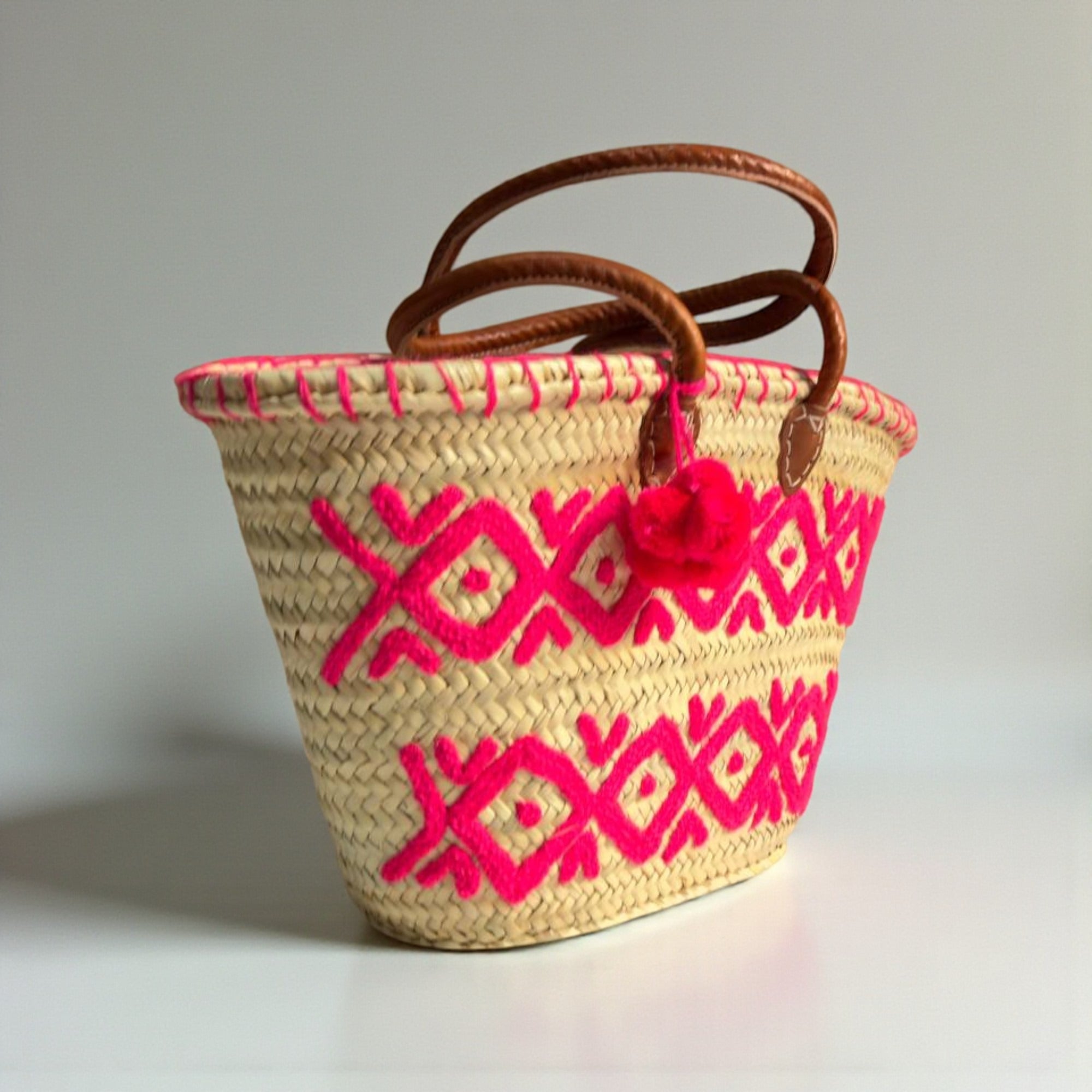 Handwoven Pink Arabesque Straw Tote Bag with Leather Handles & Pom Pom | Bohemian Beach Market Bag