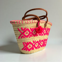 Handwoven Pink Arabesque Straw Tote Bag with Leather Handles & Pom Pom | Bohemian Beach Market Bag