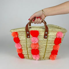 Handmade Moroccan Straw Tote Bag with Pom Poms & Sequins