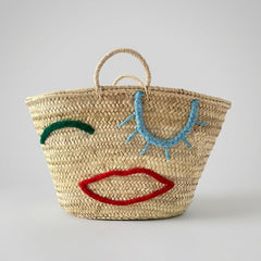 Woven Straw Market Tote - Embroidered Winking Face Bag