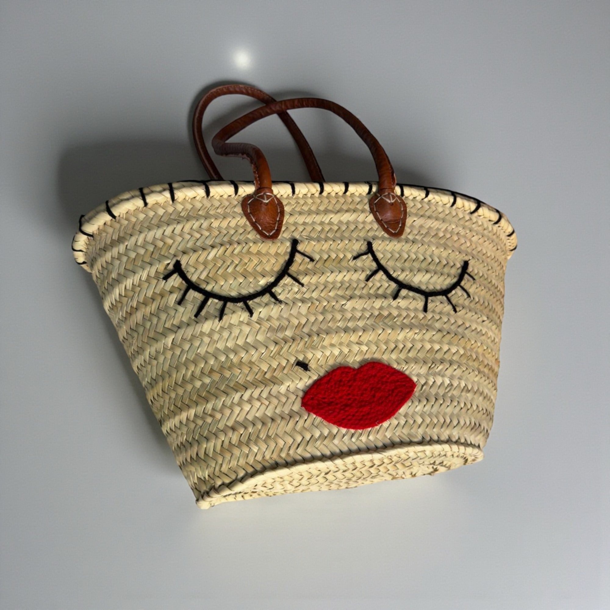 Straw Beach Bag – Woven Market Tote, Leather Handle