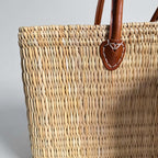 Rectangular Straw Market Bag with Leather Handles - Woven Beach Tote