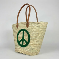 Woven Straw Peace Sign Tote Bag Green Leather Handle