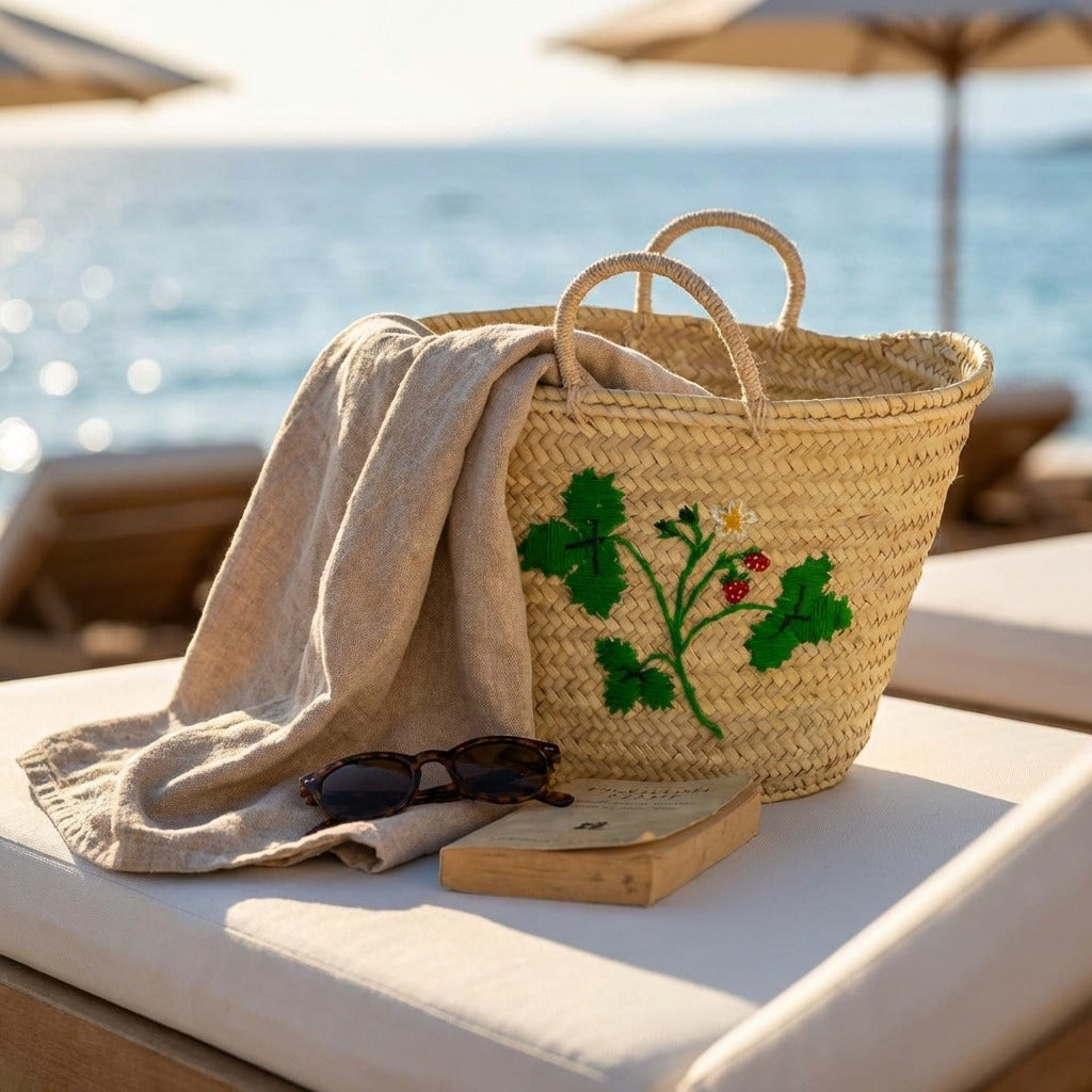 Strawberry Embroidered Straw Basket Bag - Handmade Market Tote