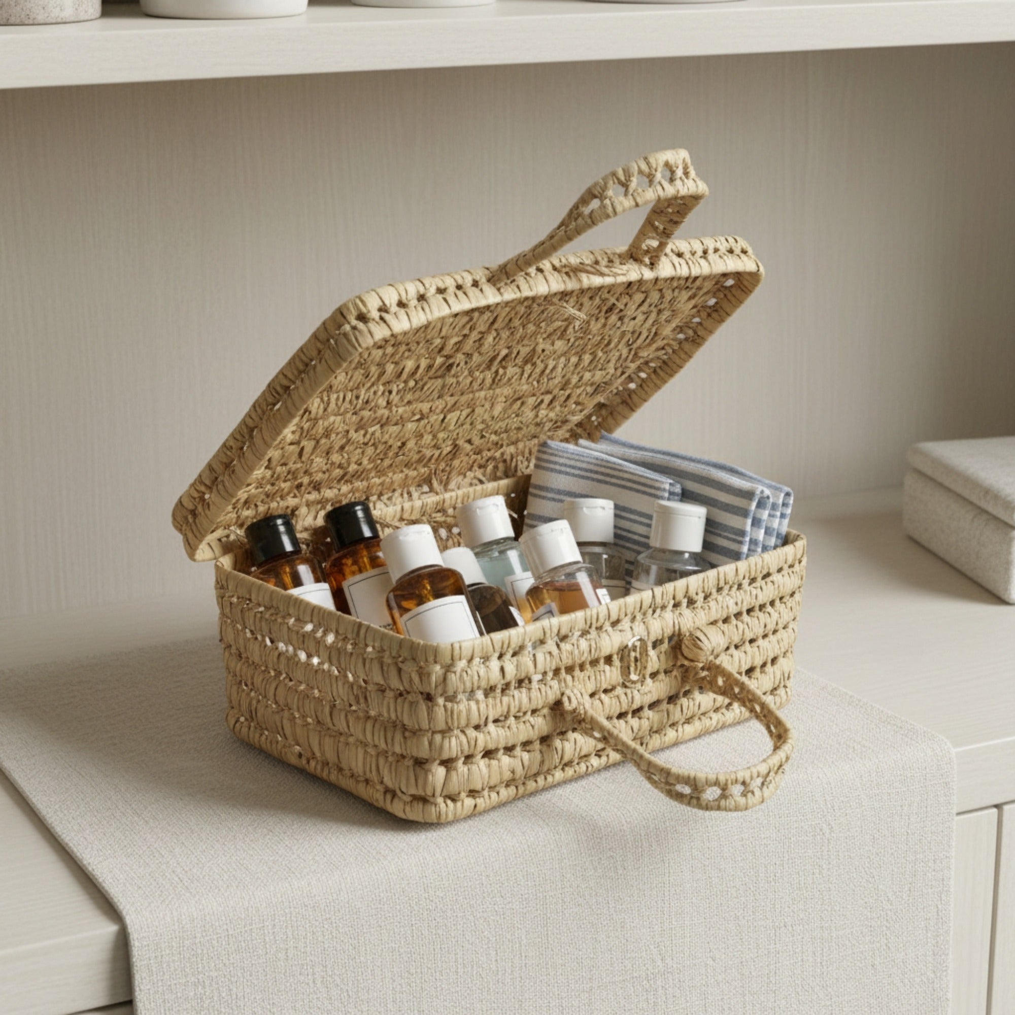 Woven Straw Suitcase Storage Basket - Boho Picnic Hamper & Gift Box