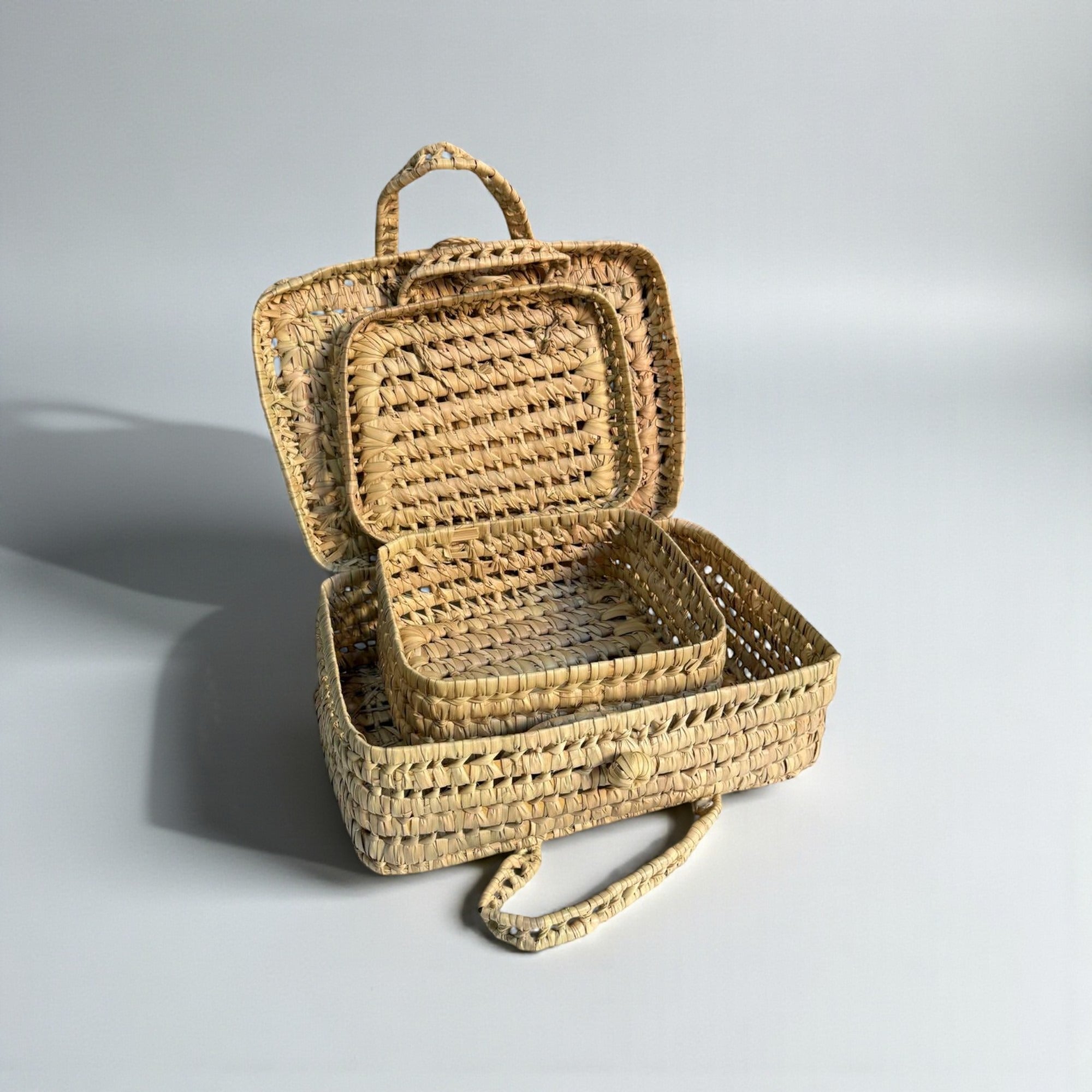Woven Straw Suitcase Storage Basket - Boho Picnic Hamper & Gift Box