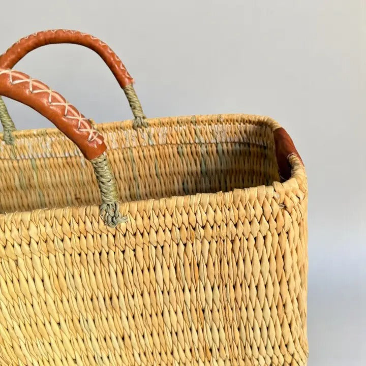 Rectangular Straw Storage Basket with Leather Handles