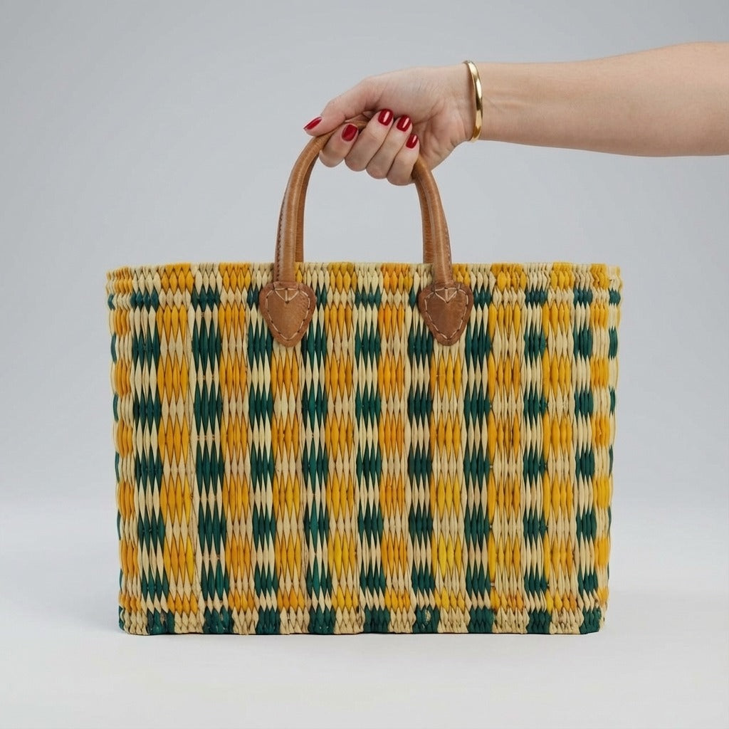 Handmade Reed Market Basket Tote Bag - Orange Green Geometric Pattern